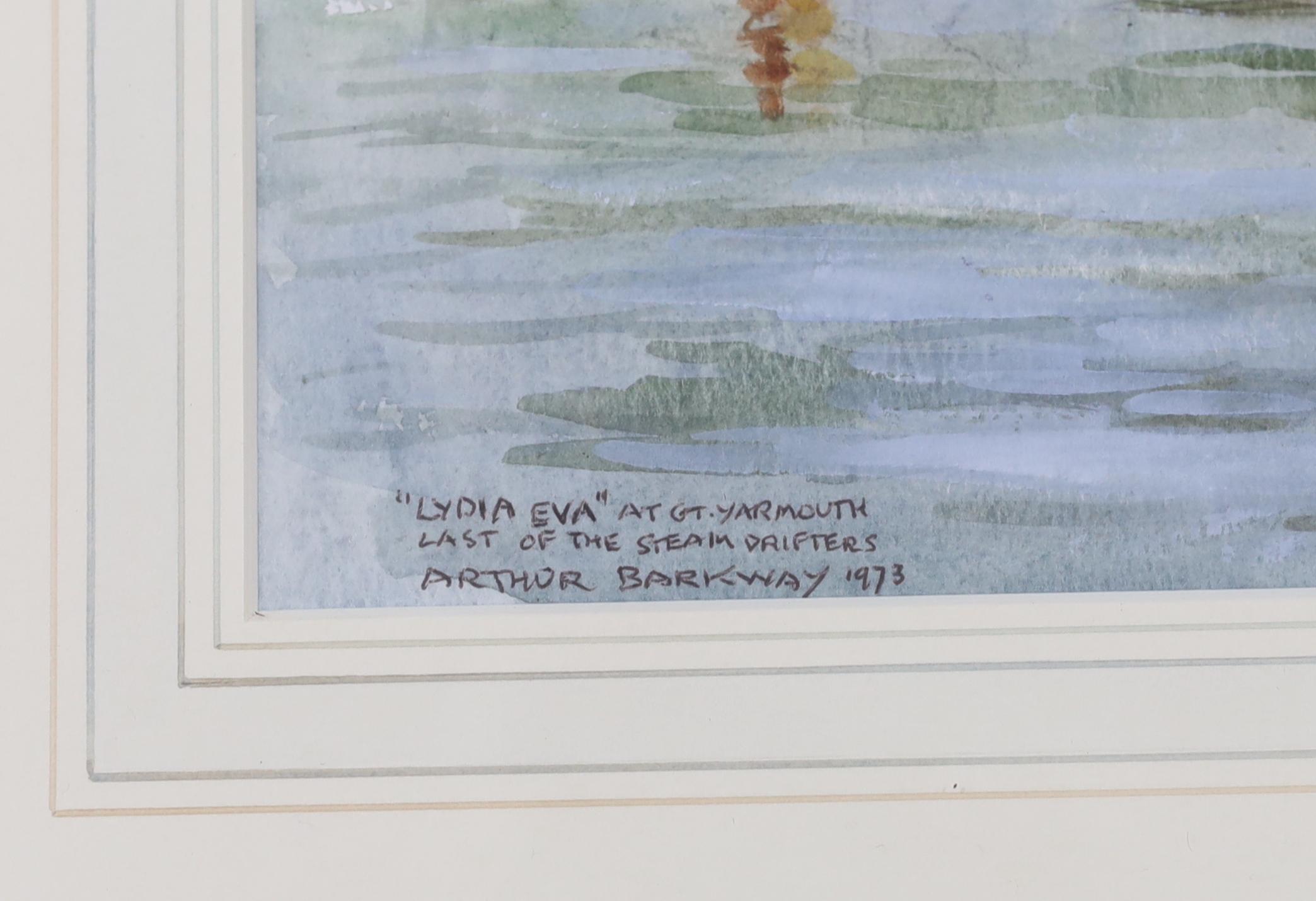 Arthur Barkway (act. 1964-1970), watercolour The Great Yarmouth steam drifter Lydia Eva YH89, the last working steam drifter, inscribed, signed and dated 1973, 24 x 34cm